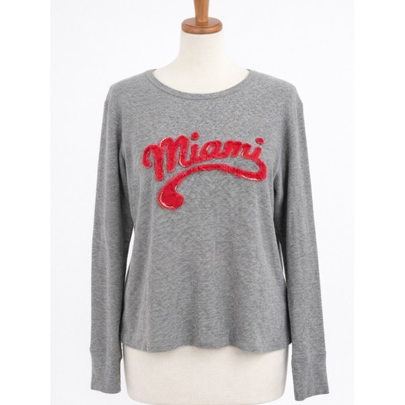 Tops - Y2K Miami Waffle Knit Top Gray Red Chenille Logo Long Sleeve Coastal Casual M